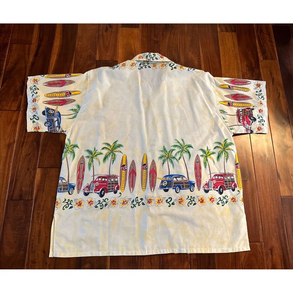 Men’s Hawaiian Shirt Caribbean Surfboards Cars Floral Flowers L / XL Button Up - Picture 2 of 13